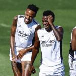 Los tres brasileños del Real Madrid y David Alaba ríen en un entrenamiento. Foto: La Razón