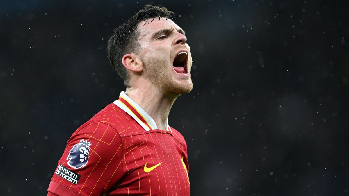 Andrew Robertson celebrating a goal scored with Liverpool