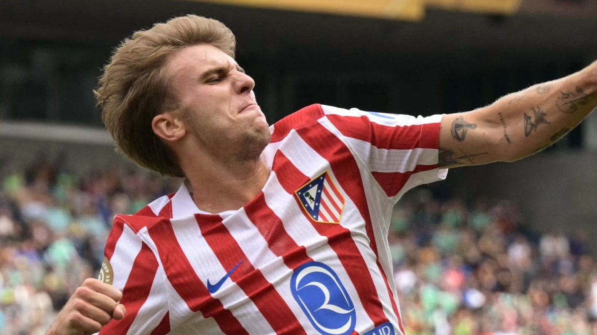 Pablo Barrios celebrates a goal with Atlético de Madrid
