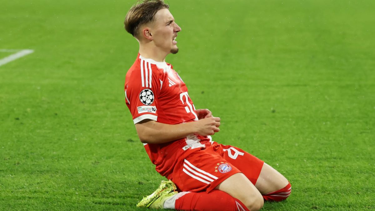 Lennart Karl celebrates a goal scored with Bayern Munich