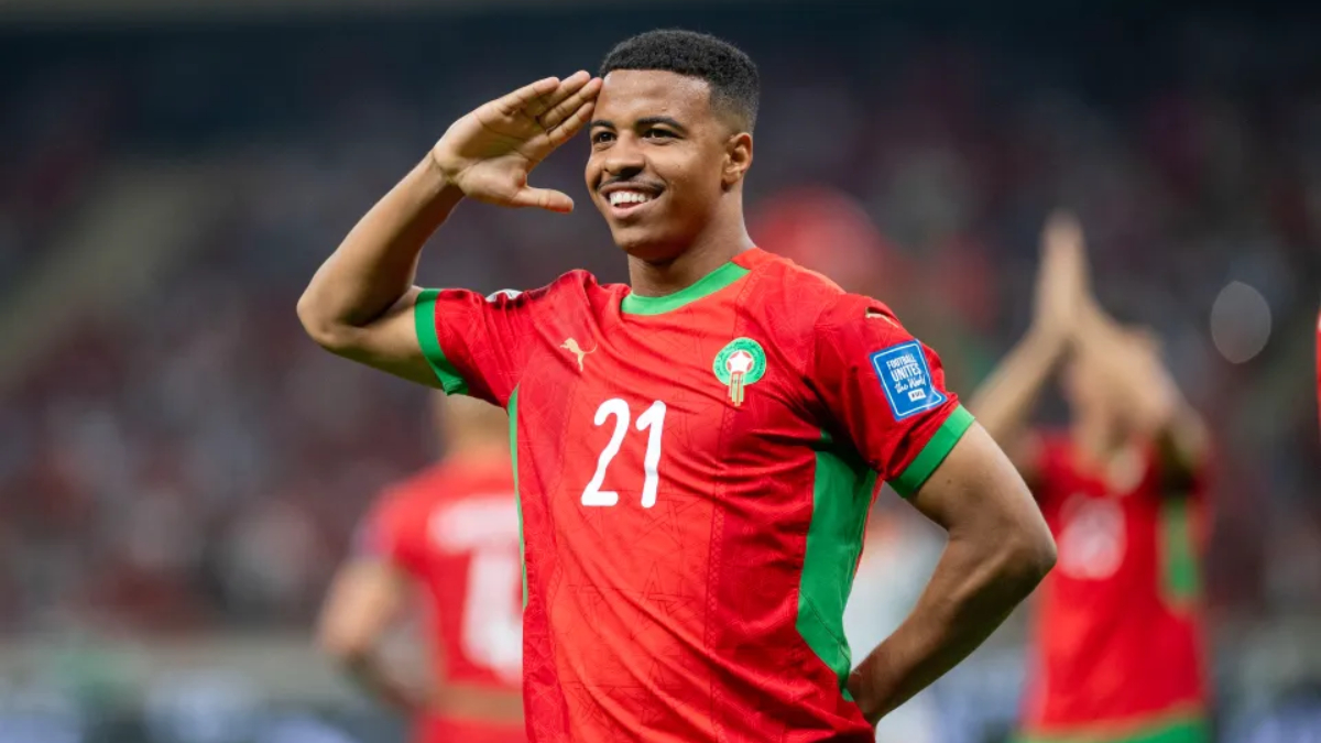 Hamza Igamane celebrating a goal scored with Morocco