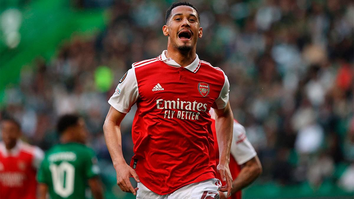 Saliba celebrating a goal with Arsenal