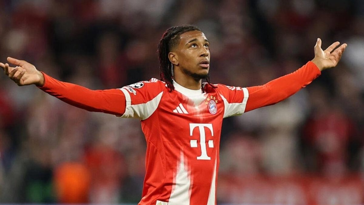 Michael Olise celebrates a goal scored with Bayern Munich