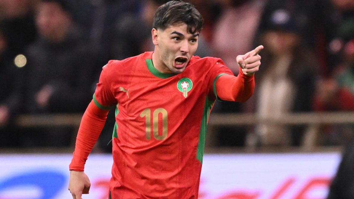Brahim Díaz celebrates a goal with the Morocco national team