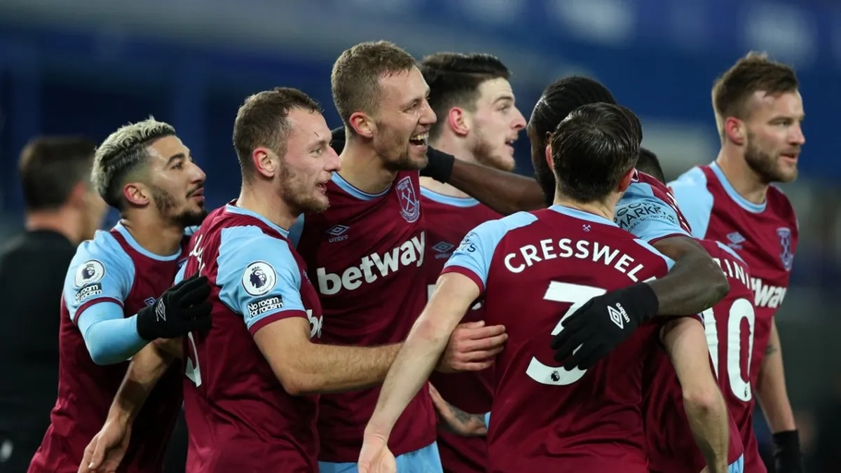 The West Ham players celebrate a goal.