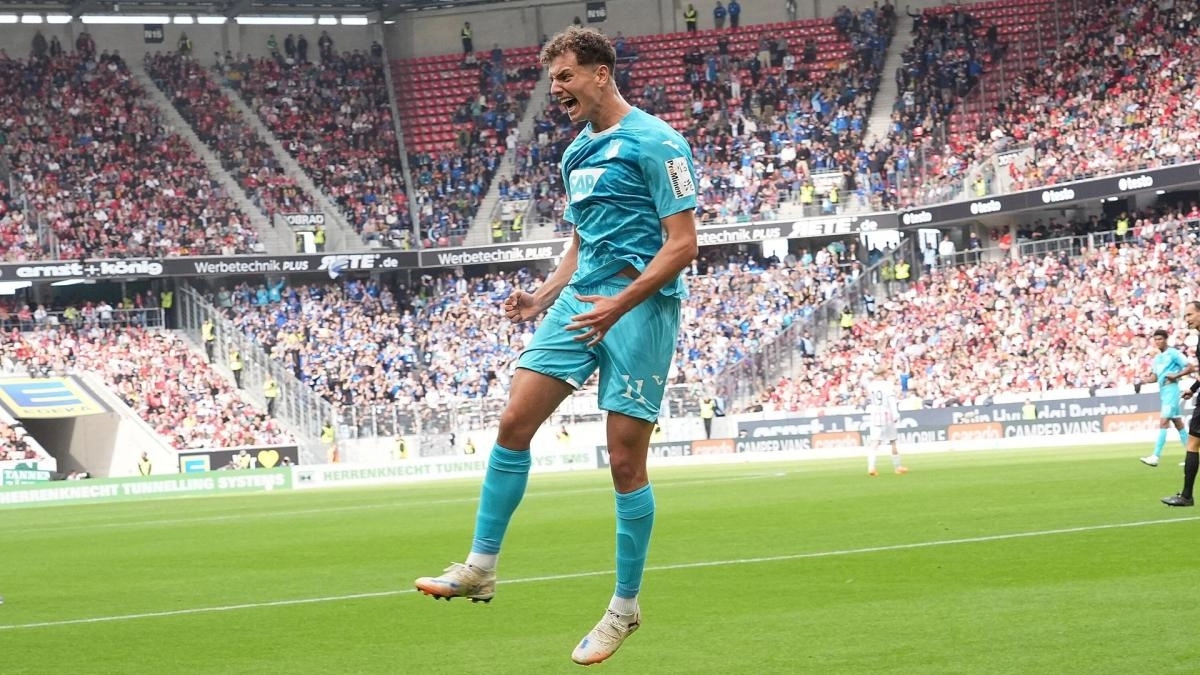 Fisnik Asllani celebrates a goal with Hoffenheim.