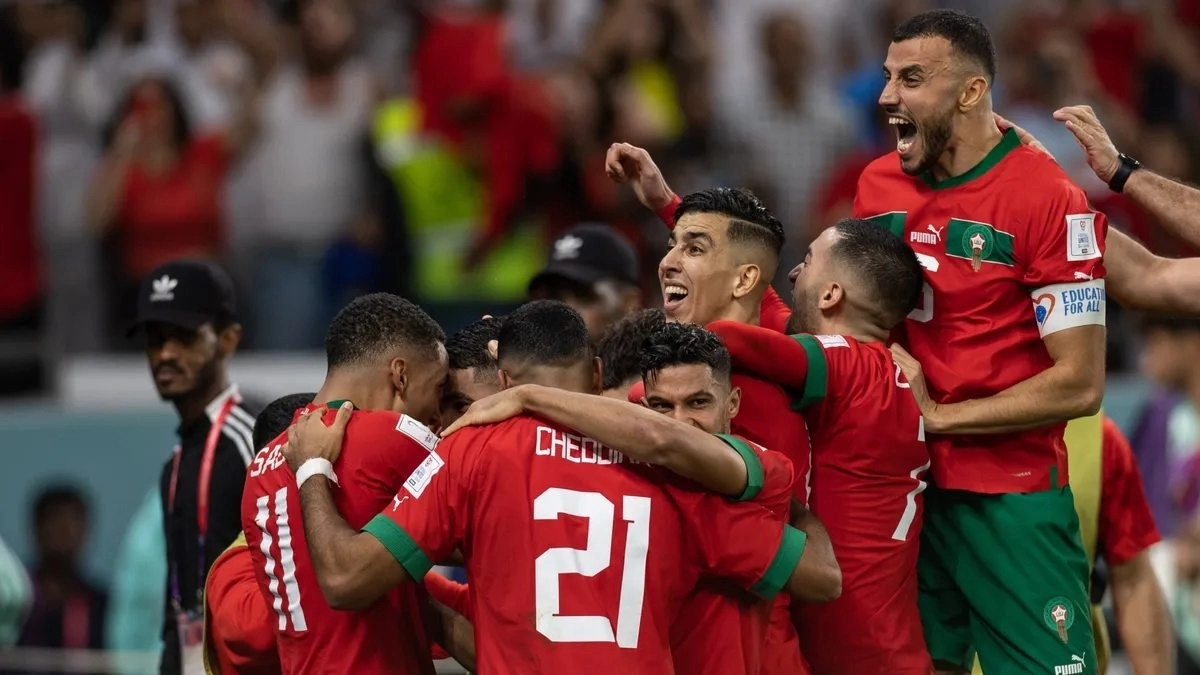 The players of Morocco celebrate a goal