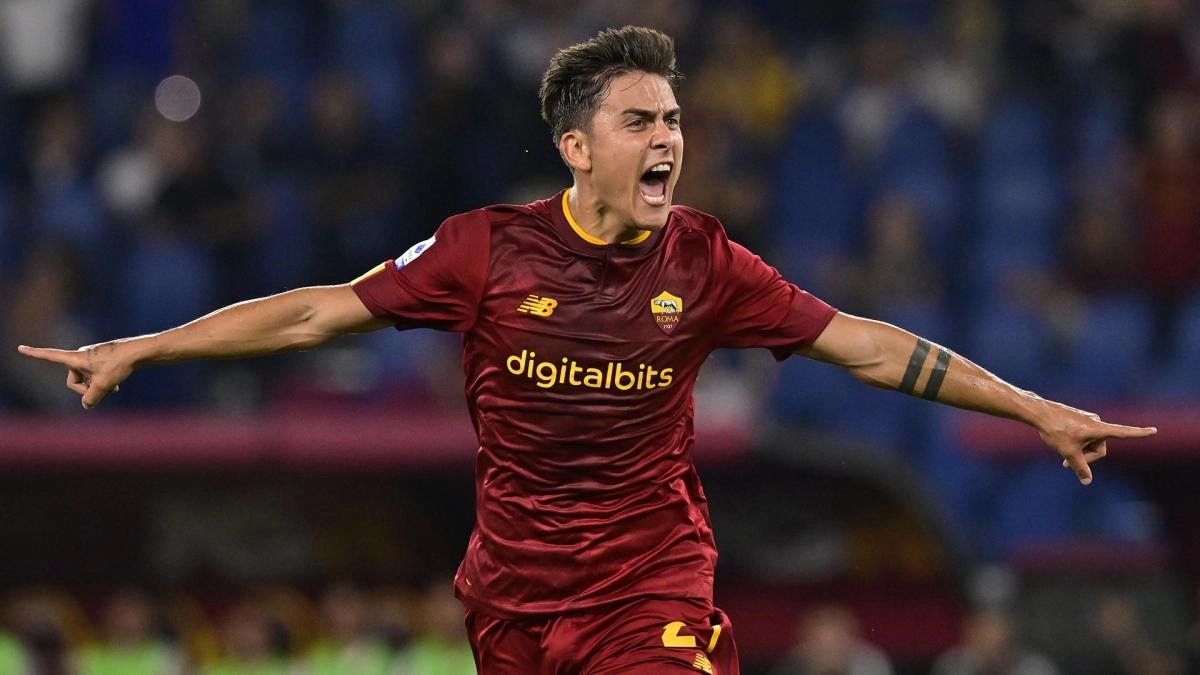 <p>Paulo Dybala celebrates a goal scored against Roma</p>