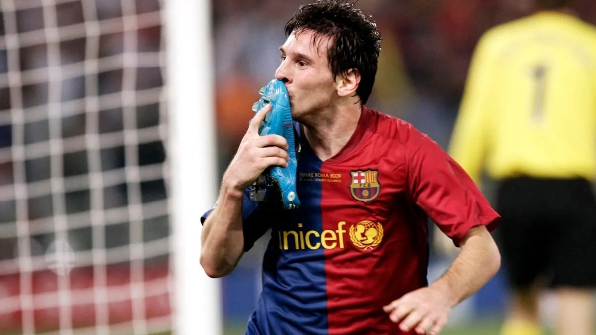 Leo Messi celebra un gol en una final de la Champions League
