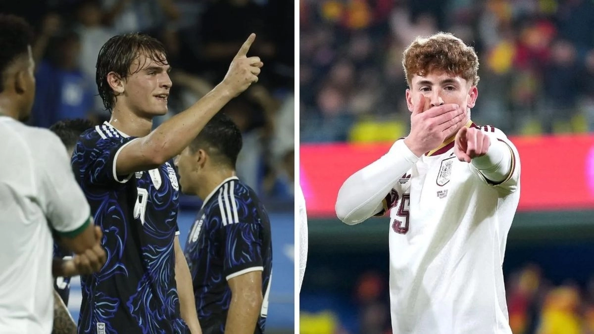 <p>Nico Paz celebrates a goal with Argentina, and Víctor Muñoz does the same with Spain</p>