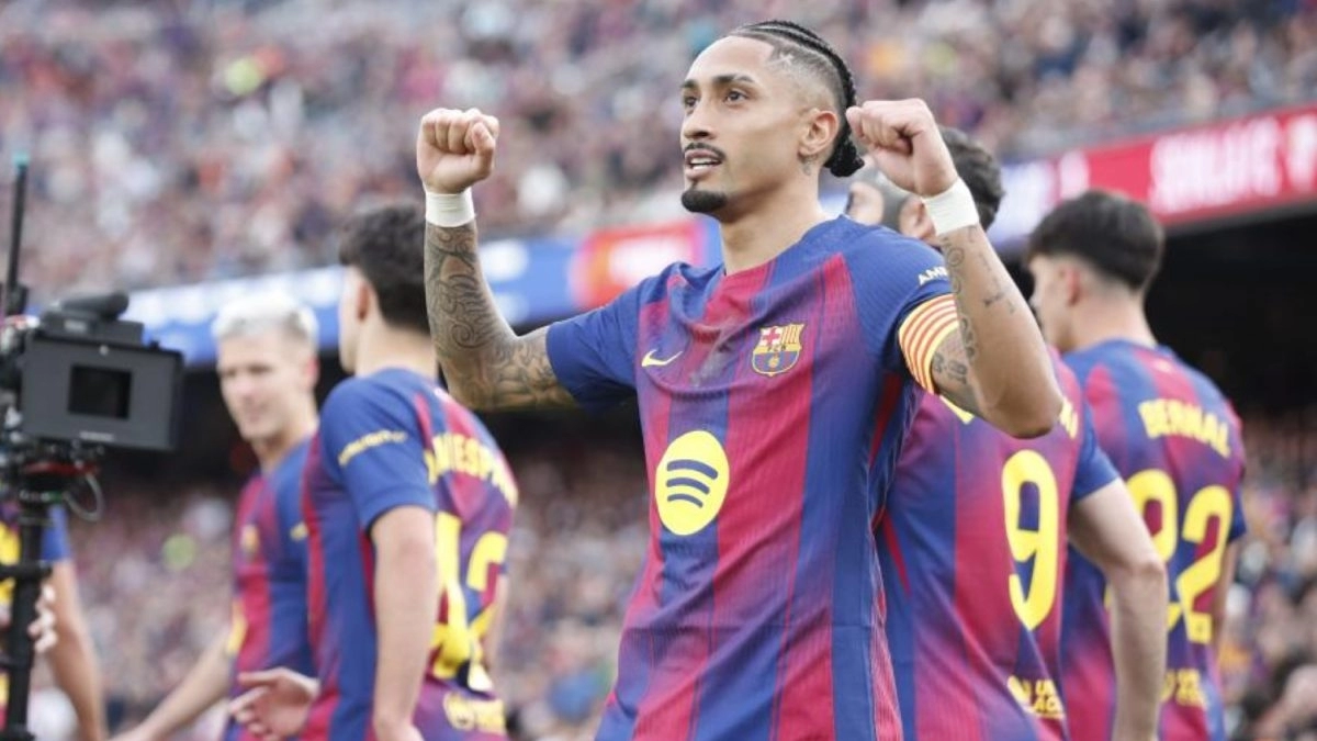 Raphinha celebra un gol anotado con el FC Barcelona