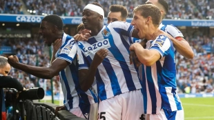The Real Sociedad players celebrate a goal by Umar Sadiq.