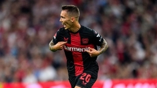 Grimaldo celebrates a goal scored with Bayer Leverkusen