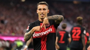 <p>Grimaldo celebrates a goal scored with Bayer Leverkusen</p>
