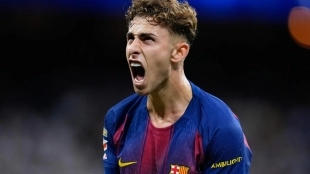 Fermín López celebra un gol anotado con el Barcelona