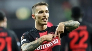 Grimaldo celebrates a goal scored with Bayer Leverkusen
