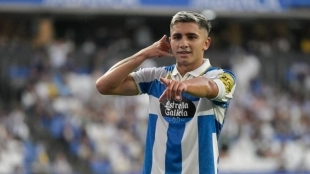 Yeremay Hernández celebra un gol con el Deportivo de La Coruña